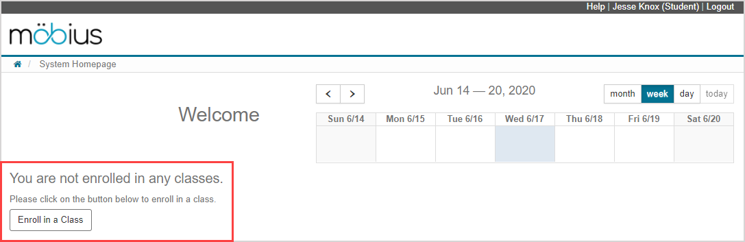 The System Homepage doesn't show any classes and has a message stating that "You are not enrolled in any classes."